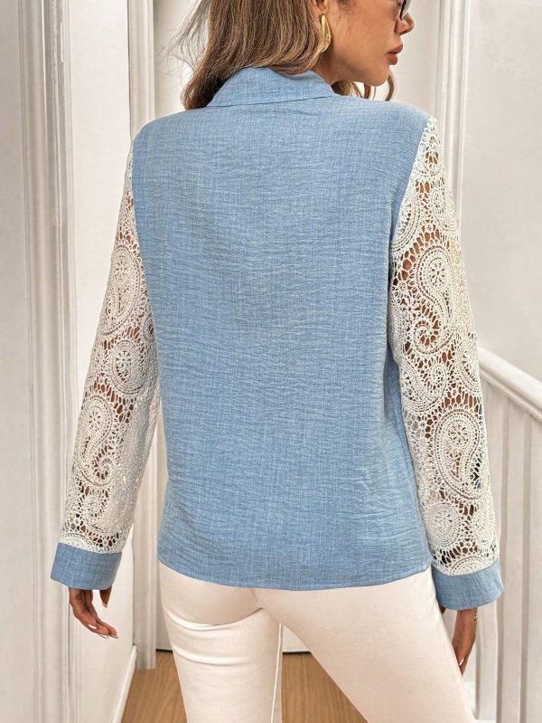 Women Elegant Denim Effect Contrast Lace Trim Long Sleeve Shirt, Autumn