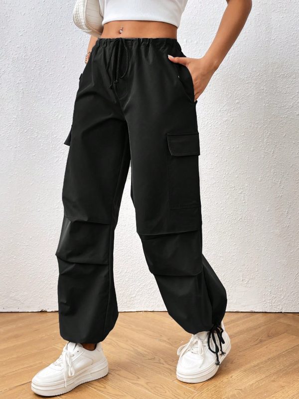 Flap Pocket Side Drawstring Waist Cargo Pants