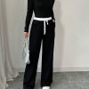 Solid Color Oblique Collar Long Sleeve Top And Contrast Color Pants 2 Piece Set, Autumn/Winter