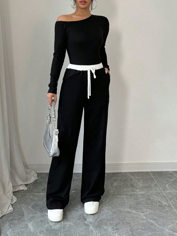 Solid Color Oblique Collar Long Sleeve Top And Contrast Color Pants 2 Piece Set, Autumn/Winter