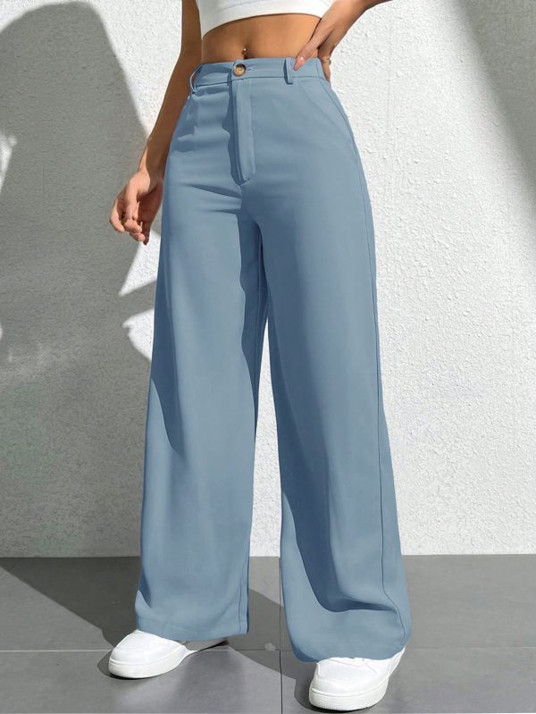 Women's Solid Color Button Zipper Straight Leg Casual Pants