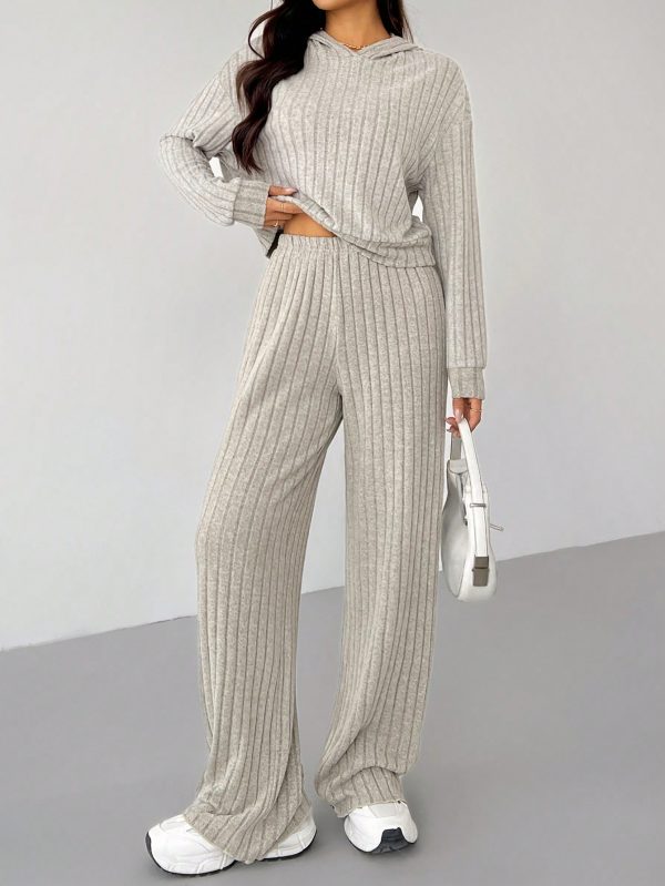 Knit Drop Shoulder Drawstring Hoodie & Pants, Fall Two Piece Outfit