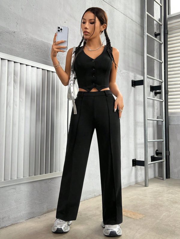Women'S Solid Colored Vest And Long Pants Set
