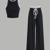 2pcs/Set Women Sleeveless Round Neck Top And Drawstring Two-Tone Flounced Hem Pants