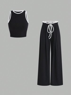 2pcs/Set Women Sleeveless Round Neck Top And Drawstring Two-Tone Flounced Hem Pants