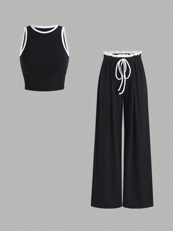 2pcs/Set Women Sleeveless Round Neck Top And Drawstring Two-Tone Flounced Hem Pants