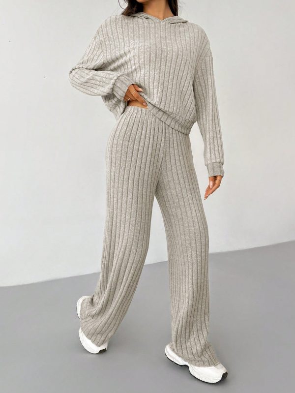 Knit Drop Shoulder Drawstring Hoodie & Pants, Fall Two Piece Outfit