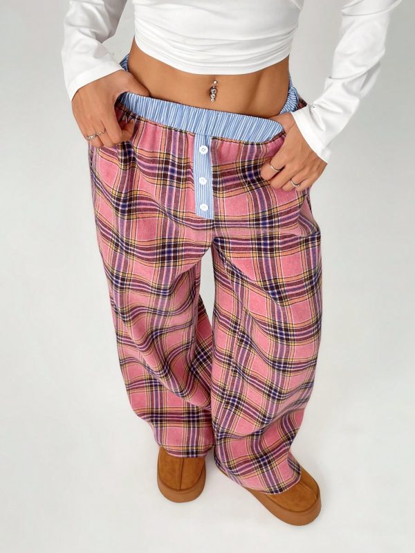 Color-Block Plaid Printed Button Accented Casual Loose Pants
