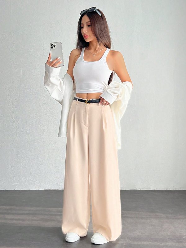 Women's Pleated High Waist Belted Wide Leg Casual & Commuting Pants In Beige