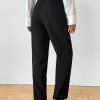 Women's Elegant Button Pocket Black Woven Straight Leg Pants