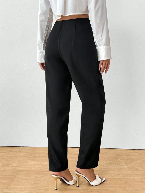 Women's Elegant Button Pocket Black Woven Straight Leg Pants