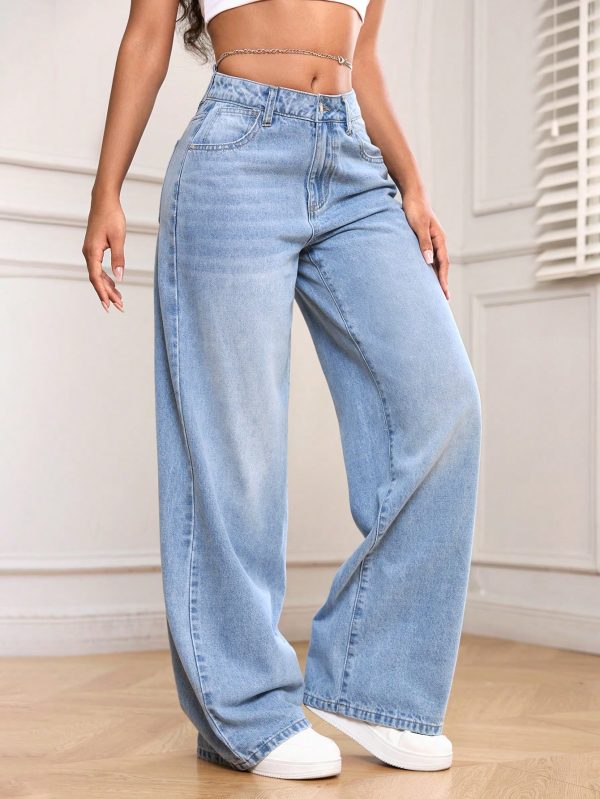 Women Casual Pockets Wide-Leg Loose Fit Denim Jeans
