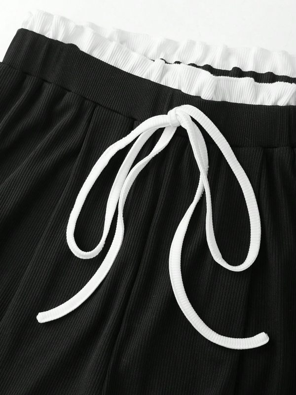 2pcs/Set Women Sleeveless Round Neck Top And Drawstring Two-Tone Flounced Hem Pants