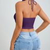 Women Floral Applique Twist Designed Halter Backless Tank Top