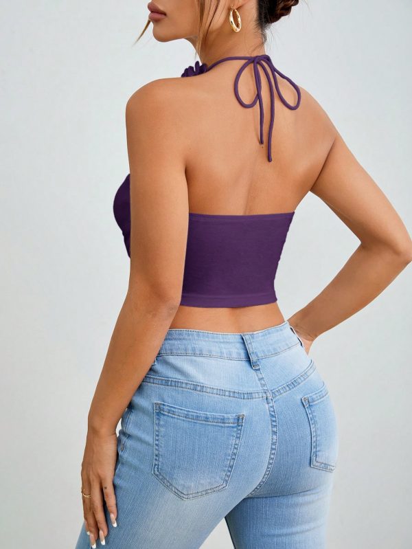 Women Floral Applique Twist Designed Halter Backless Tank Top