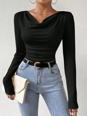 Women Solid Color Scoop Neck Long Sleeve Casual T-Shirt, Autumn