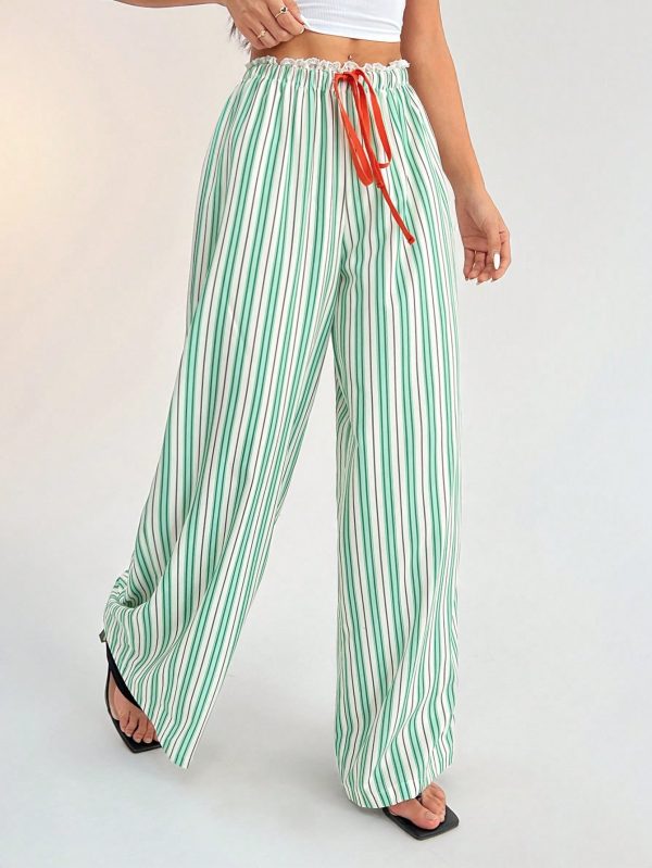 Casual Woven Striped Mid-Rise Loose Wide-Leg Women's Trousers