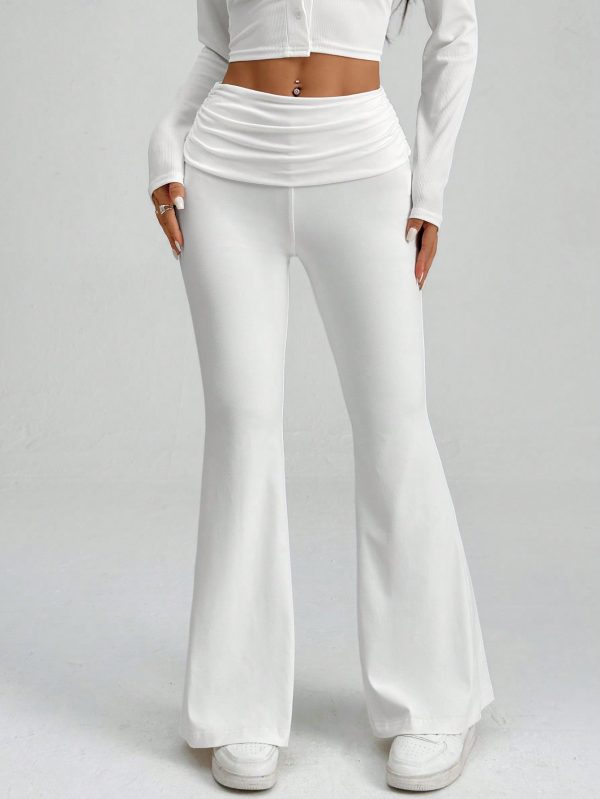 White Y2k Solid Ruched Flare Leg Pants Flare Leggings
