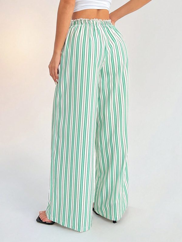Casual Woven Striped Mid-Rise Loose Wide-Leg Women's Trousers