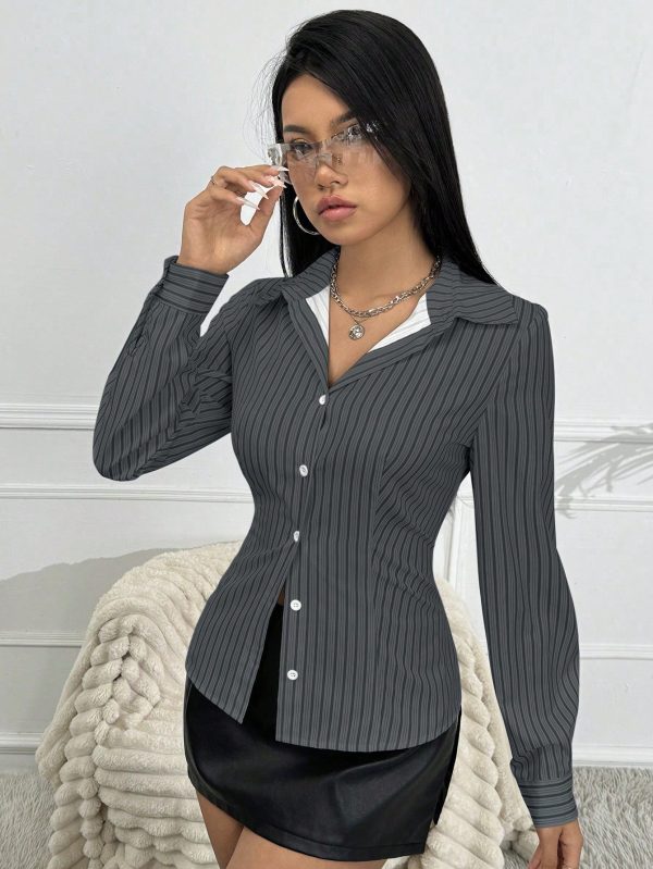 Women Striped Shirt With Turndown Collar And Waist Drawstring