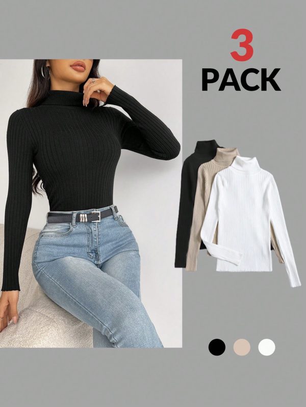 3pcs Turtle Neck Ribbed Knit Sweater