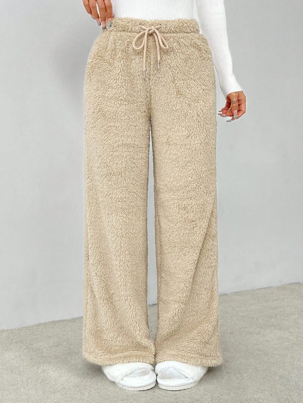 Drawstring Waist Teddy Wide Leg Pants