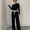 Solid Color Oblique Collar Long Sleeve Top And Contrast Color Pants 2 Piece Set, Autumn/Winter