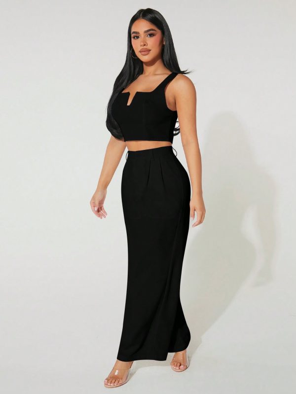 Women's Notch Neck Cropped Vest And Wide Leg Pants 2pcs/Set For Summer