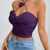 Women Floral Applique Twist Designed Halter Backless Tank Top