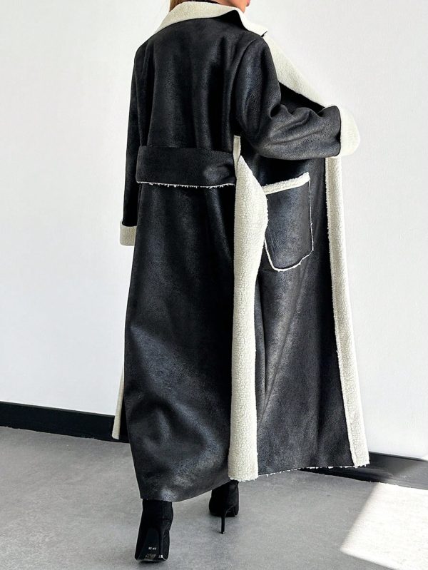 Women's Dual Pocket Belted Teddy Lined PU Leather Coat