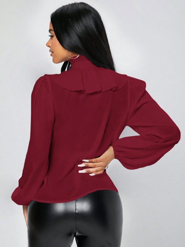 Women's Woven Solid Color Ruffle Hem Long Sleeve Blouse