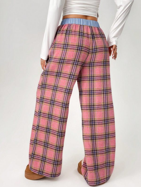 Color-Block Plaid Printed Button Accented Casual Loose Pants