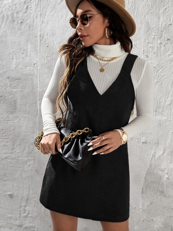 Solid Corduroy Overall Dress Without Sweater