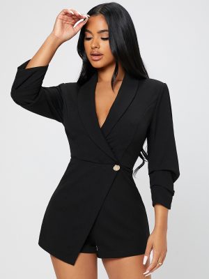 Solid Shawl Collar Wrap Spring Outfits Black Romper