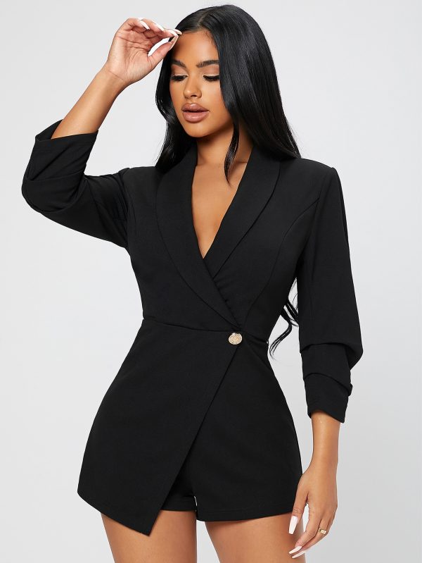 Solid Shawl Collar Wrap Spring Outfits Black Romper