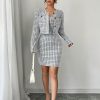 Women Black & White Plaid Black Gold Button Short Jacket & Cami Midi Dress Set