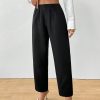 Women's Elegant Button Pocket Black Woven Straight Leg Pants