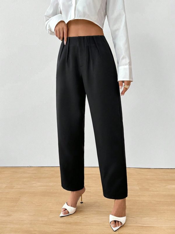 Women's Elegant Button Pocket Black Woven Straight Leg Pants
