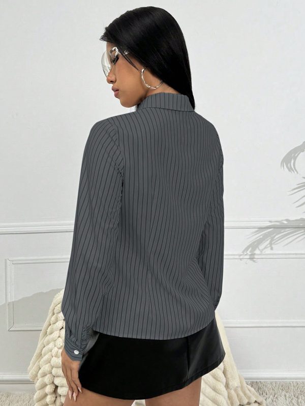 Women Striped Shirt With Turndown Collar And Waist Drawstring