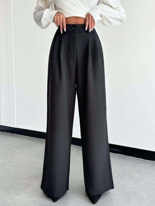 Solid Slant Pocket Wide Leg Suit Pants
