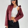 Women Solid Minimal Collared Long Sleeve Zip Up Red PU Leather Jacket