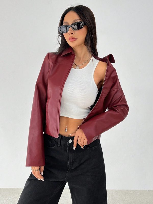 Women Solid Minimal Collared Long Sleeve Zip Up Red PU Leather Jacket