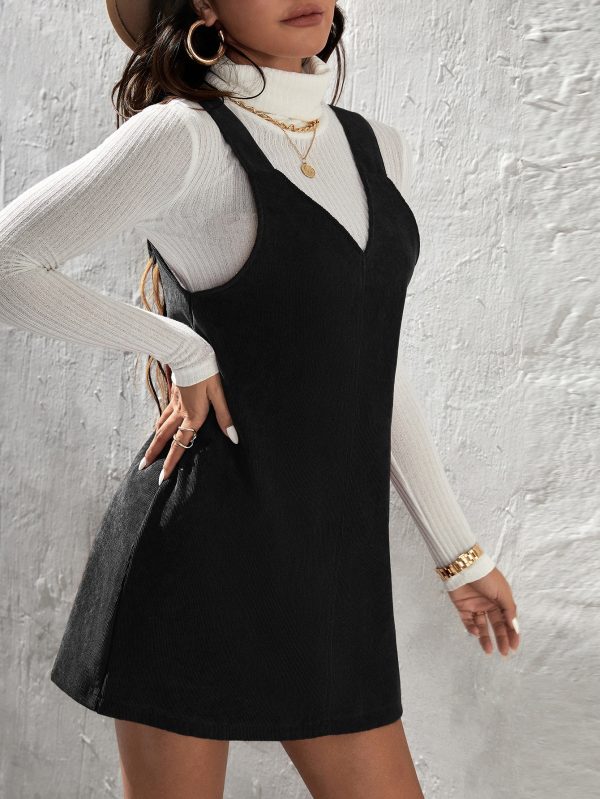 Solid Corduroy Overall Dress Without Sweater