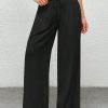 Women's Black Woven Wide-Legged Pants With Waist Tie, Casual
