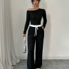 Solid Color Oblique Collar Long Sleeve Top And Contrast Color Pants 2 Piece Set, Autumn/Winter
