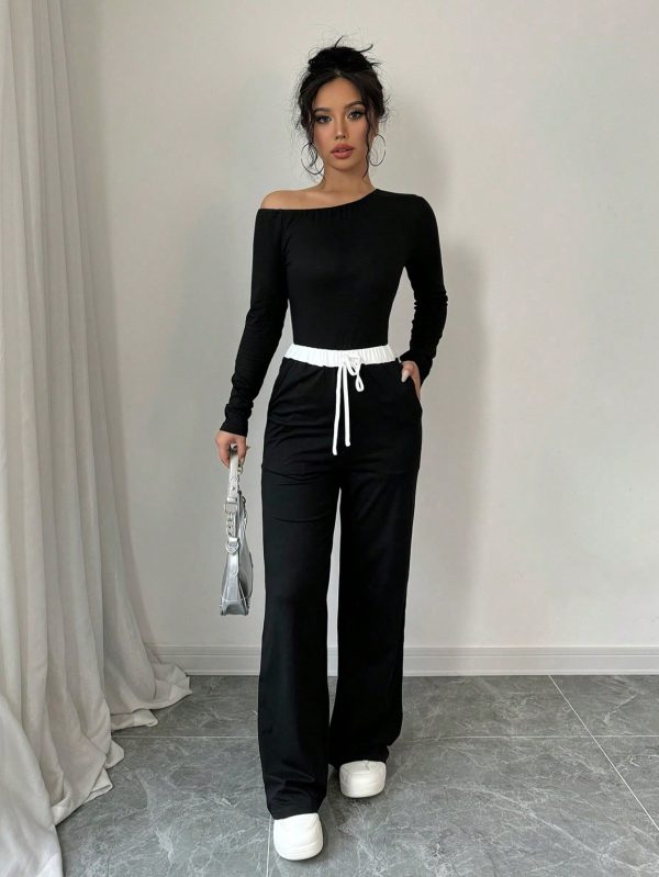 Solid Color Oblique Collar Long Sleeve Top And Contrast Color Pants 2 Piece Set, Autumn/Winter
