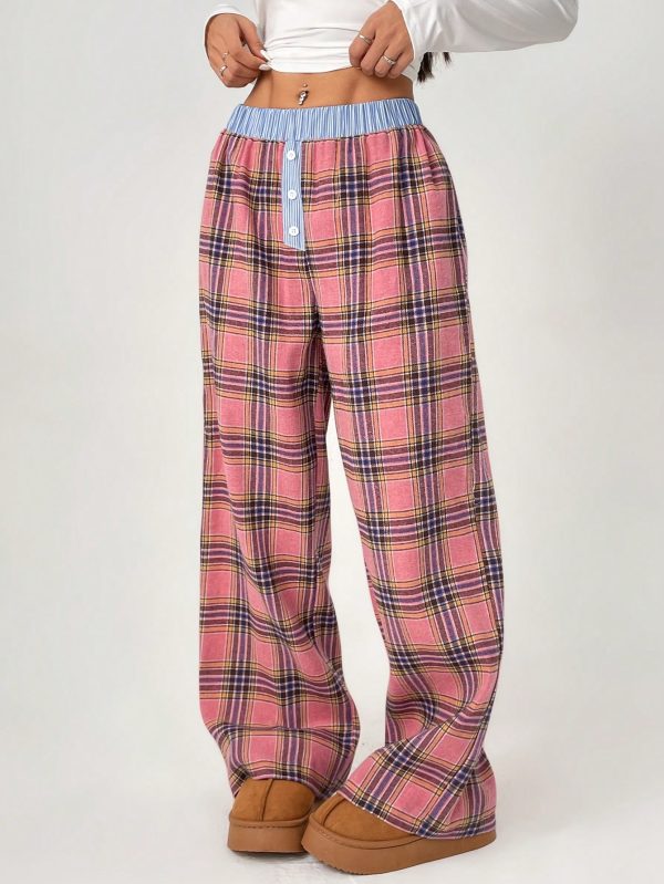Color-Block Plaid Printed Button Accented Casual Loose Pants