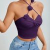 Women Floral Applique Twist Designed Halter Backless Tank Top