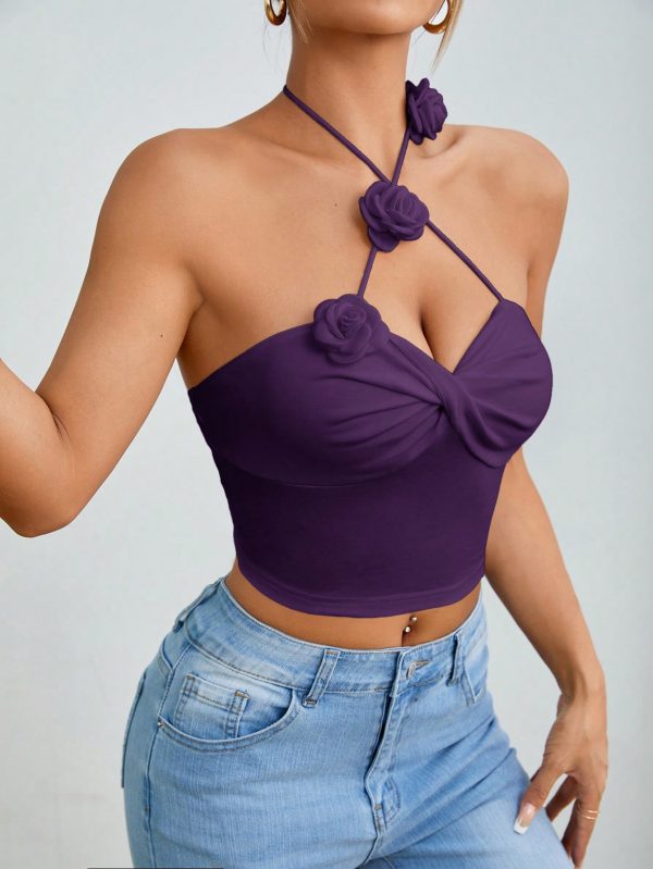 Women Floral Applique Twist Designed Halter Backless Tank Top