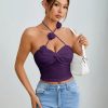 Women Floral Applique Twist Designed Halter Backless Tank Top